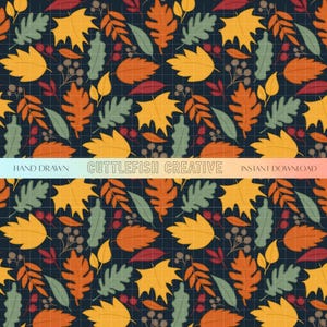 May include: A repeating pattern of autumn leaves in shades of yellow, orange, and green, with small brown berries, on a dark blue grid background. The text "HAND DRAWN", "CUTTLEFISH CREATIVE", and "INSTANT DOWNLOAD" are displayed.