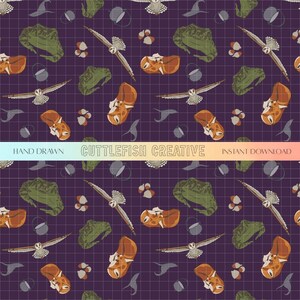 May include: A repeating pattern on a dark purple grid background. The pattern includes illustrations of owls, fox-like creatures, green rock formations, and small buckets. The text "HAND DRAWN CUTTLEFISH CREATIVE INSTANT DOWNLOAD" is across the bottom.