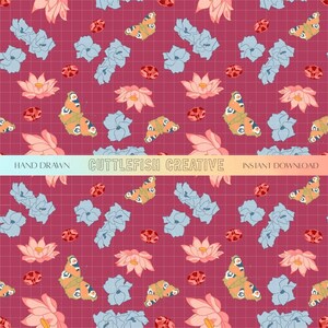 May include: A repeating pattern featuring butterflies, flowers, and geometric shapes in shades of orange, pink, blue, and red. The words "HAND DRAWN", "CUTTLEFISH CREATIVE", and "INSTANT DOWNLOAD" are displayed on a gradient banner.