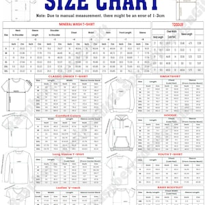 Op de afbeelding: Maattabel met afmetingen voor diverse kledingstukken, waaronder t-shirts, sweatshirts en hoodies. De tabel geeft afmetingen in centimeters voor borst, taille en mouwlengte.