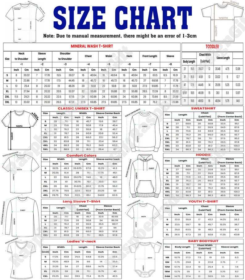 Op de afbeelding: Maattabel met afmetingen voor diverse kledingstukken, waaronder t-shirts, sweatshirts en hoodies. De tabel geeft afmetingen in centimeters voor borst, taille en mouwlengte.