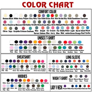 Op de afbeelding: Kleurenkaart met kleurstalen voor diverse kledingtypes, waaronder unisex T-shirts, sweatshirts, lange mouwen, hoodies, was T-shirts en dames V-hals. De kaart toont een breed scala aan kleuren, zoals zwart, wit, marineblauw en rood.