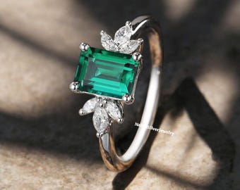 Emerald Baguette Ring | Sterling Silver Engagement Ring