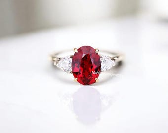 Oval Ruby Ring | 925 Sterling Silver, Cubic Zirconia Accents