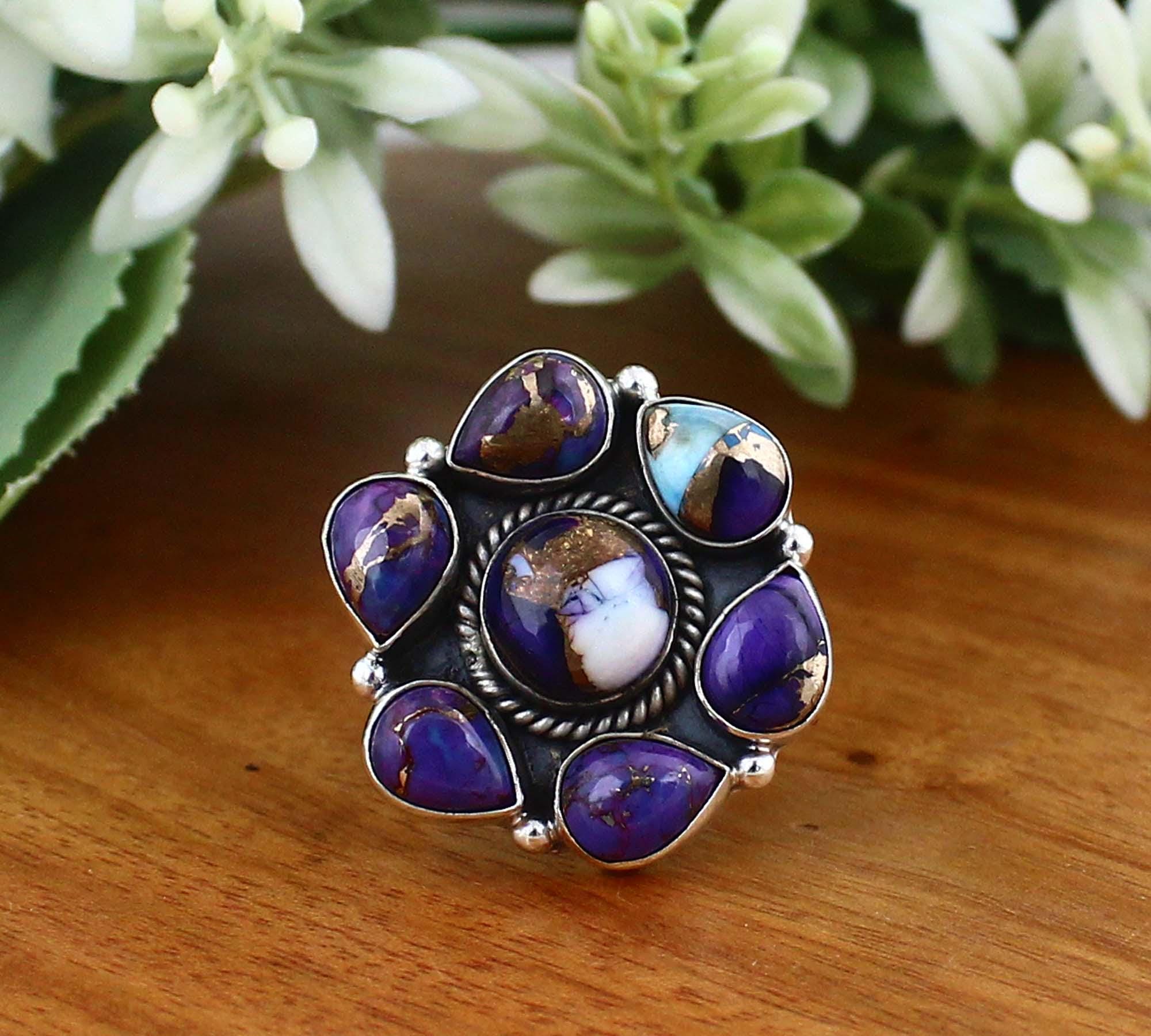 Purple Dahlia Copper Turquoise Ring, Spiny Oyster Flower Design
