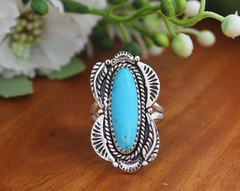 Anillo de turquesa de diseñador, plata de ley 925, turquesa azul navajo, anillo grueso, piedra natal de diciembre para ella