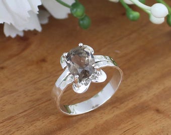 Smoky Quartz Ring, 925 Sterling Silver Ring, Hammered Silver Band, Ring For Girl's
