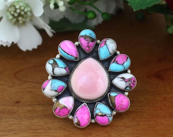 Rosa Opal & Cotton Candy Türkis Ring, Matte Finish Sterling Silber Bandring, Damenring