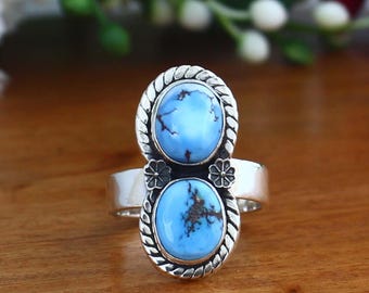 Anillo de turquesa Golden Hill, anillo de doble piedra, para mujer, anillo con dije de flor, anillo de plata de ley para ella, regalo de cumpleaños