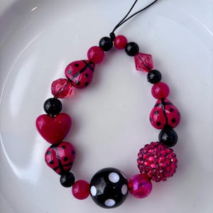 Ladybug Beaded Phone Charm: Red and Black Polka Dot Bug Tech Strap