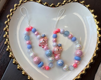 Star Kirby Phone Charm: Angel Kawaii Beaded Wristlet in Pink and Blue