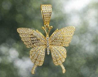 Pendentif papillon véritable en moissanite de 1,50 ct plaqué or jaune 14 carats, argent 925