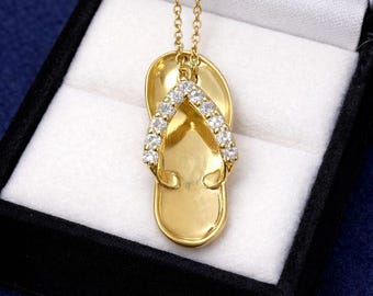 Real Moissanite Flip Flop Pendant Necklace: 14K Yellow Gold Plated Sandal Pendant