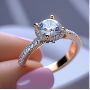 Moissanite Engagement Ring: 14K Rose Gold Plated Sterling Silver Halo Ring