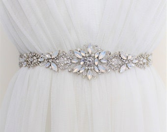 Opal Bridal Belt: Silver Crystal Pearl Wedding Dress Sash