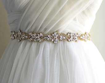 Gold Crystal Pearl Beaded Bridal Sash. All Around Thin Wedding Dress Belt. Slim Rhinestone Applique Trim. Silver Bridesmaid Sash. ELOISE