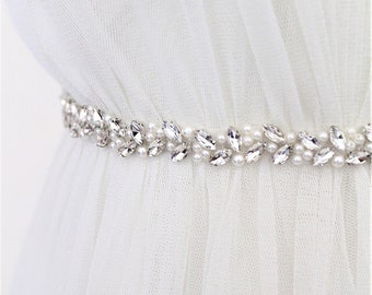 Silver Bridal Sash: Pearl Crystal Wedding Dress Belt - Etsy display picture 3