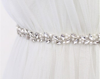 Silver Beaded Pearl Crystal Bridal Sash. All Around Thin Slim Gold Wedding Dress Belt. Rose gold Bridesmaid Rhinestone Leaf Trim. MICHEL