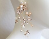 Freshwater Pearl Leaf Vine Bridal Earrings. Gold Twig Delicate Wedding Chandelier Drop Earrings.Swarovski Crystal, Nature Inspired. SERENADE