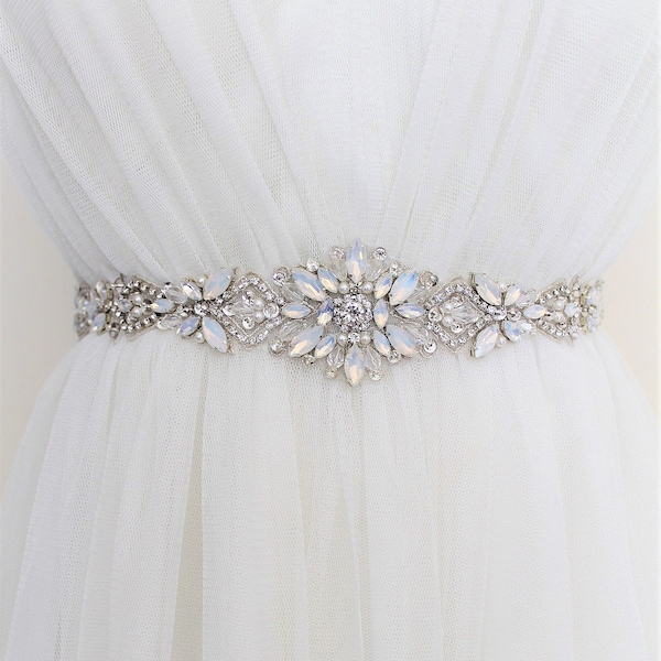 Luxury Opal Embroidered All Around Bridal Belt. Silver Crystal Pearl Thin Wedding Dress Sash. Plus Size Rhinestone Applique Trimming. CHERIE