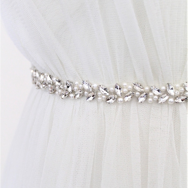 Silver Beaded Pearl Crystal Bridal Sash. All Around Thin Slim Gold Wedding Dress Belt. Rose gold Bridesmaid Rhinestone Leaf Trim. MICHEL