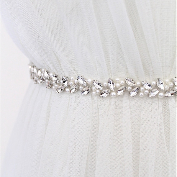 Silver Bridal Sash: Pearl Crystal Wedding Dress Belt