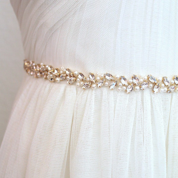 Gold Beaded Pearl Crystal Bridal Sash. All Around Silver Thin Slim Wedding Dress Belt. Rose gold Bridesmaid Rhinestone Leaf Trim. MICHEL