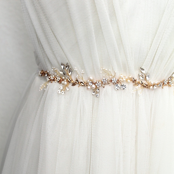 Gold Leaf Bridal Belt: Freshwater Pearl & Crystal Rhinestone Wedding Sash