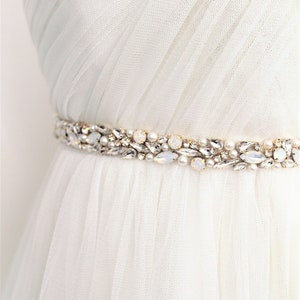 Gold or Silver Opal Pearl Beaded Bridal Sash. All Around Thin Wedding Dress Belt. Slim Rhinestone Applique Trim Bridesmaid Sash. FAITH