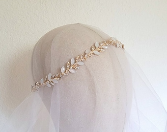 Grecian Opal Moonstone Crystal Leaf Vine Headband. Bridal Gold Headpiece. Wedding Rhinestone Tiara Crown. Bride Hair Vine Wreath.