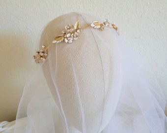 Gold Floral Leaf Crystal Tiara Wreath. Romantic Bridal Flower Wedding Headpiece, Crown. Delicate Thin Rhinestone Headband, Hair Vine. JULIA