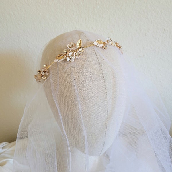 Gold Floral Leaf Crystal Tiara Wreath. Romantic Bridal Flower Wedding Headpiece, Crown. Delicate Thin Rhinestone Headband, Hair Vine. JULIA