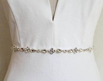 Bridal Thin Silver Crystal Flower Belt. Dainty Rhinestone Jewel Wedding Dress Sash. Rose gold, Gold Bridesmaid Delicate Slim Belt.DARIA