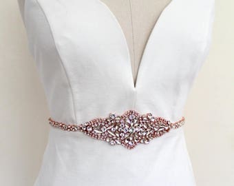 Rose gold Bridal Crystal Sash. Slim, Thin Wedding Dress Belt. Blush Pink Beaded Applique Sash. Vintage Gold, Silver Bridesmaid Belt. NATALIA