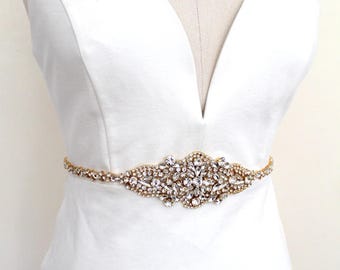 Gold Bridal Crystal Sash. Slim, Thin Wedding Dress Belt. Beaded Applique Sash. Vintage Gold Bridesmaid Belt. NATALIA