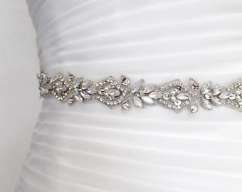 Luxury Opal Embroidered Beaded All Around Bridal Sash. Silver Crystal Pearl Thin Wedding Dress Belt. Rhinestone Rose gold Applique Trim. EVA