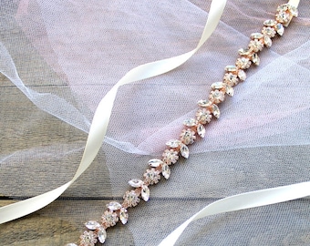 Bridal Rose gold Crystal Flower Belt. Blush Thin Rhinestone Jewel Wedding Dress Sash. Pink, Dainty Bridesmaid Delicate Slim Belt. CHARLOTTE