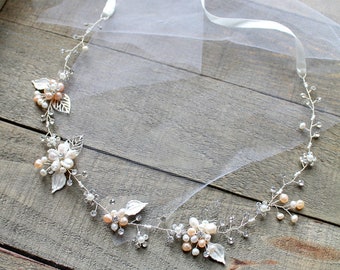 SALE. Silver Bridal Freshwater Pearl Leaf Vine Sash. Rose gold Blush Flower Gold Crystal. Rhinestone Boho Wedding Dress Belt. PEARLESCENT