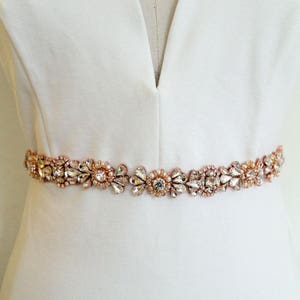 Rose gold or Gold Crystal Pearl Medallion Bridal Belt. Luxury Beaded Rhinestone Wedding Dress Sash. Bride Thin Belt. Beaded Applique. ELIE image 6