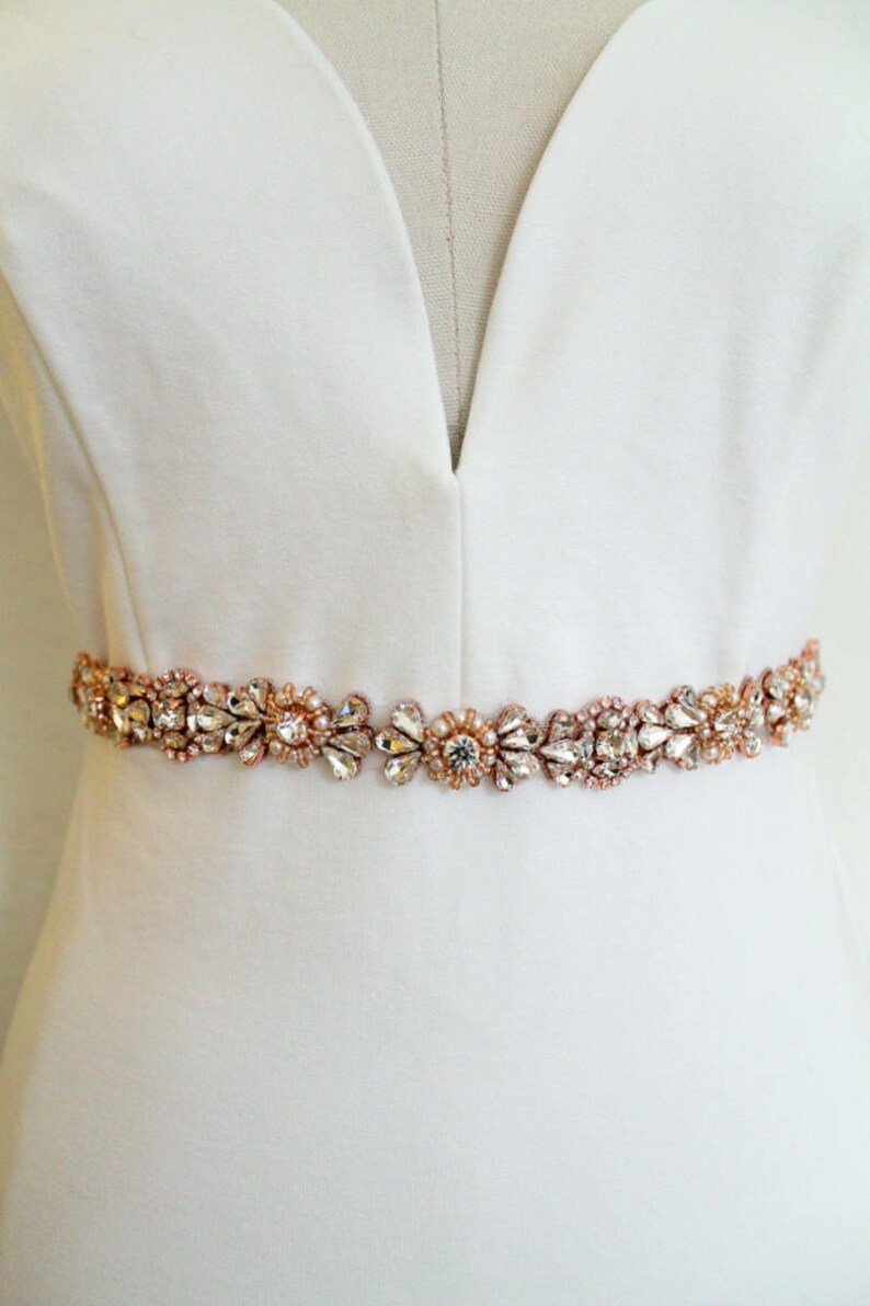Rose gold or Gold Crystal Pearl Medallion Bridal Belt. Luxury Beaded Rhinestone Wedding Dress Sash. Bride Thin Belt. Beaded Applique. ELIE image 6
