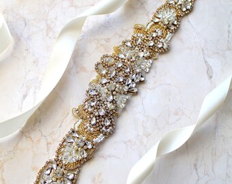 Gold Luxury Embroidered Beaded Glam Bridal Sash. Elegant Crystal Pearl Wedding Dress Belt. Rhinestone Tulle Applique Trim Sash. ETHEL
