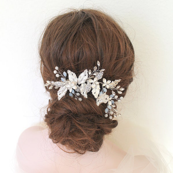 Silver Bridal Floral Jewel Headpiece. Opal Crystal Flower Wedding Hair Comb. Rhinestone Leaf Vine Bride Clip. Tiara Crown. Something Blue.