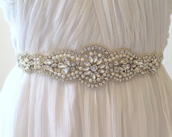 Bridal Pearl Crystal Medallion Sash. Vintage Rhinestone Applique Wedding Belt. Bride Applique Trim Sash.  JANE