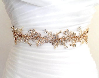 Gold Leaf Vine Delicate Bridal Sash. Boho Bohemian Crystal Pearl Silver Wedding Belt. Thin Slim Rose gold Rhinestone Floral Sash. HAILEY