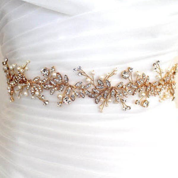 Gold Leaf Vine Delicate Bridal Sash. Boho Bohemian Crystal Pearl Silver Wedding Belt. Thin Slim Rose gold Rhinestone Floral Sash. HAILEY