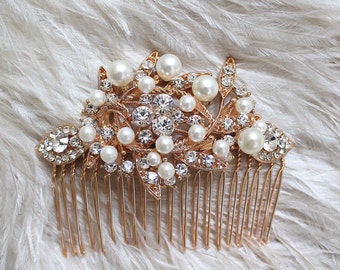 Gold Crytal Pearl Bridal Hair Comb. Vintage Silver Rhinestone Jewel Wedding Headpiece. SERENITY