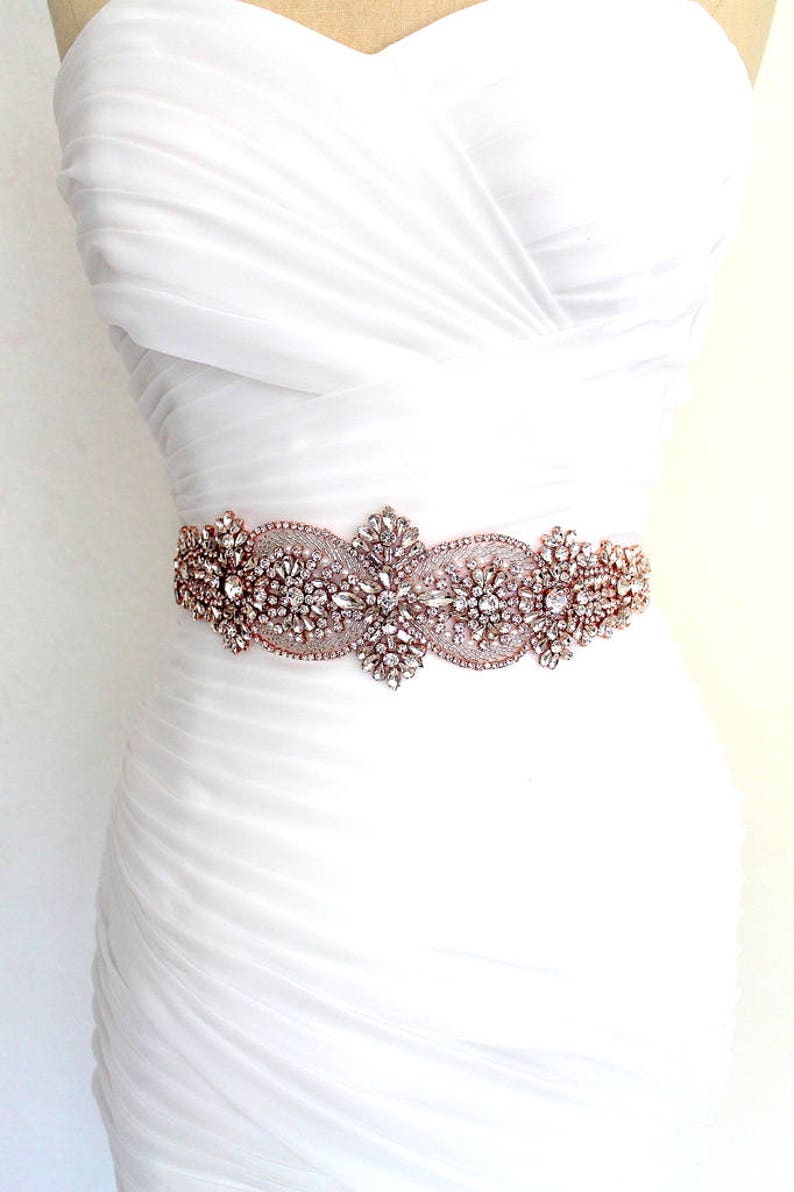 Rose gold Bridal Crystal Sash. Wide, Thick Rhinestone Pearl Luxury Wedding Dress Belt. Blush Pink Glam Bride Sash. image 6