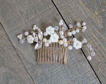 Gold Pearl Flower Vine Wedding Headpiece. Boho Crystal Pearl Bridal Hair Comb. Rhinestone Flower Wire Pin, Hairpiece. ANNE