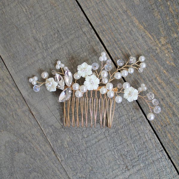 Gold Pearl Flower Vine Wedding Headpiece. Boho Crystal Pearl Bridal Hair Comb. Rhinestone Flower Wire Pin, Hairpiece. ANNE