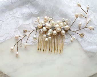 Gold Freshwater Pearl Delicate Hair Vine Comb. Bridal Flower Crystal Boho Leaf Headpiece. Rhinestone Wedding Hair Clip, Pin,Tiara. ANITA